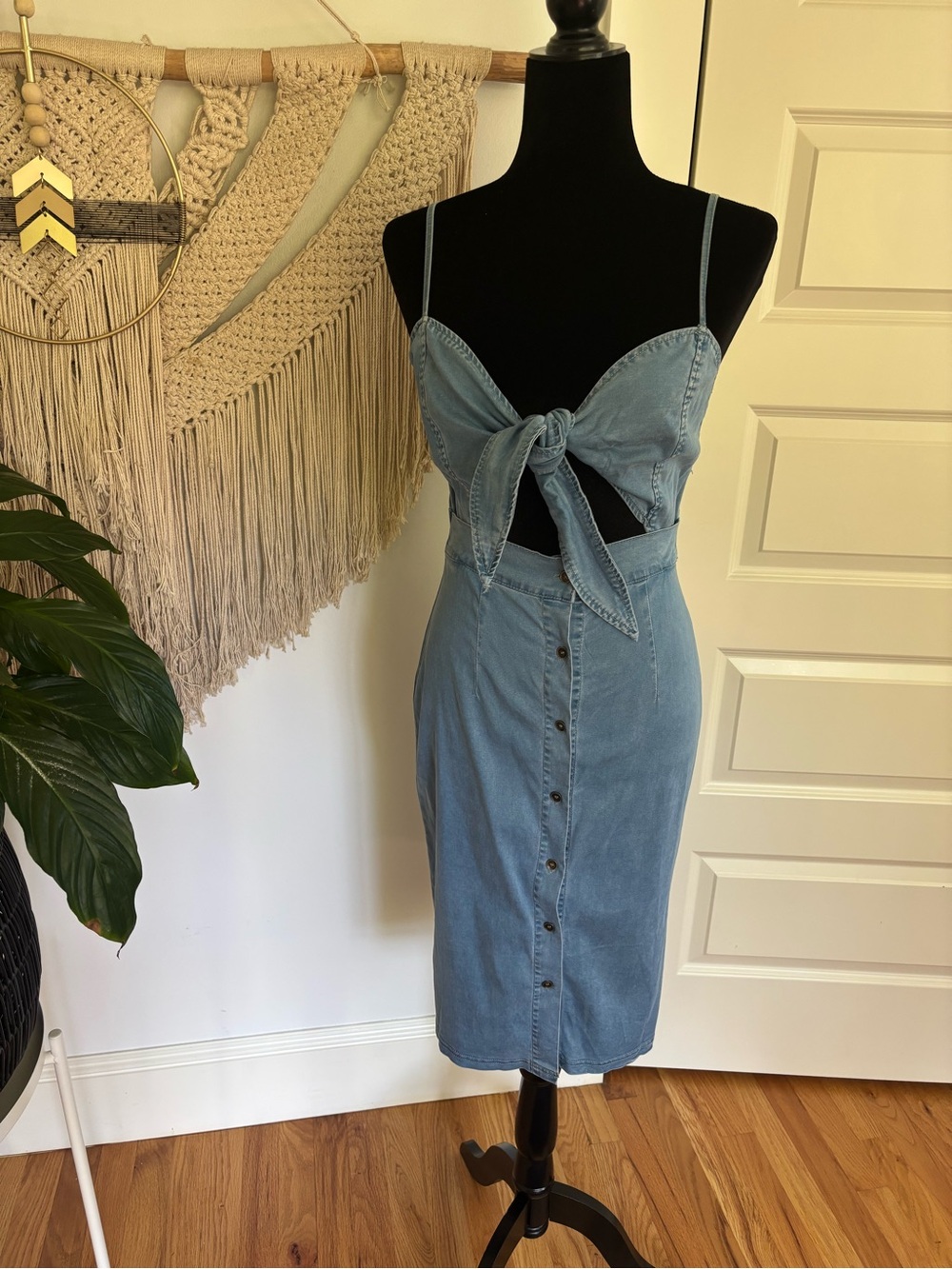 Fashion Nova Light Blue Denim Tie-Front Midi Dress